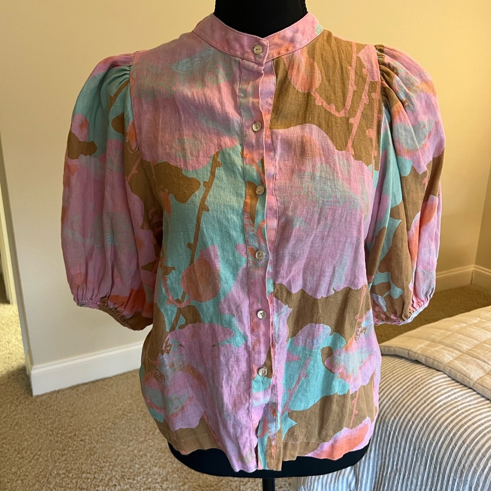 Like New LANHTROPY BUBBLE LINEN SHIRT - AQUARELA Linen Size XS - Picture 2 of 9